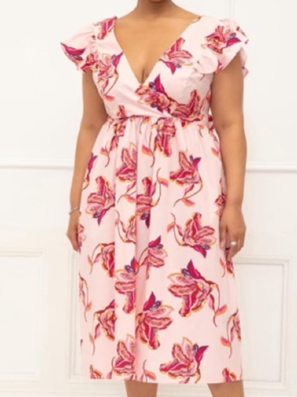 Eloquii Blush Pink Floral Wrap Midi Dress